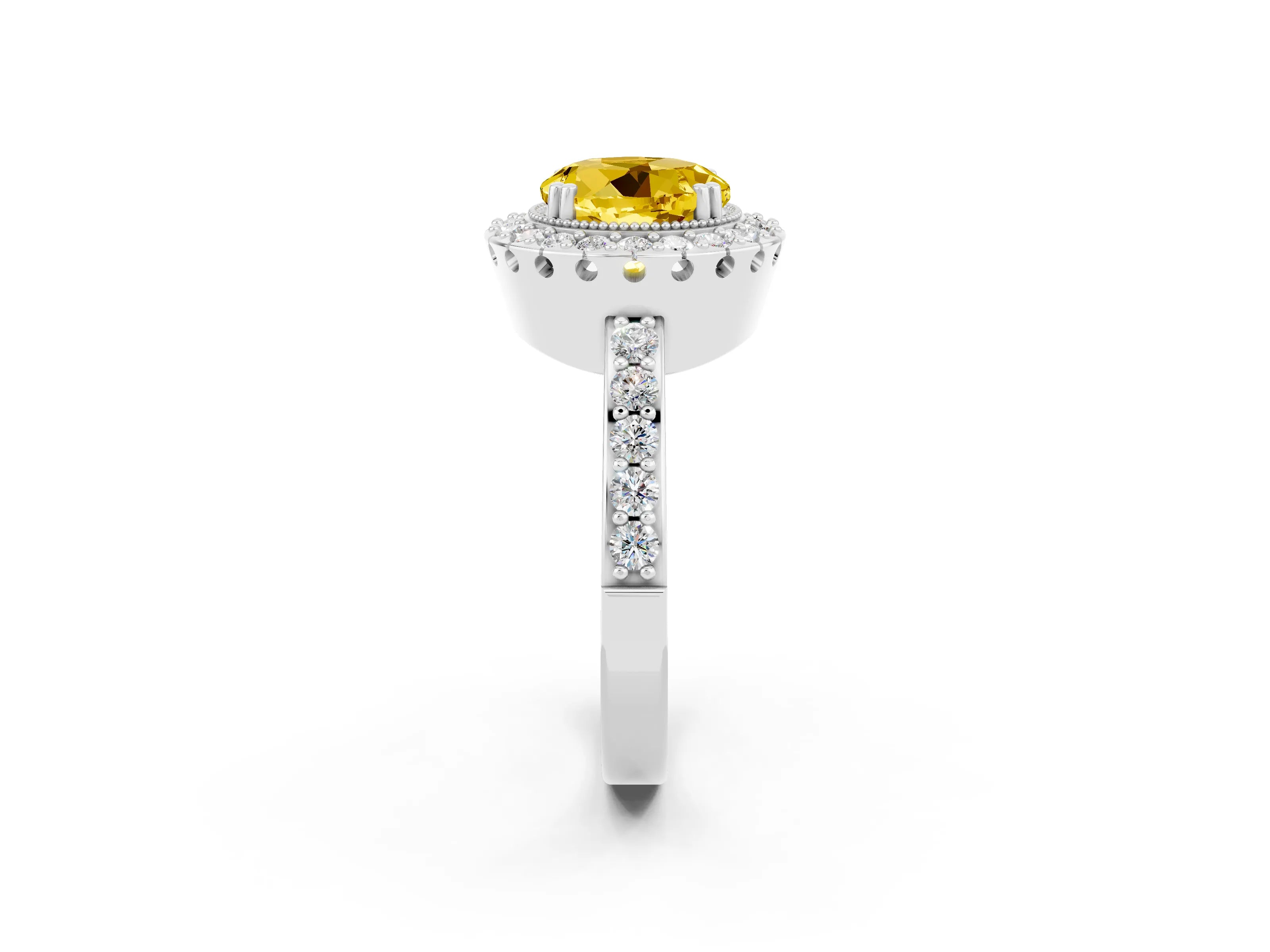 White gold Round Cut Yellow Sapphire Halo Ring with Pavé Band and Prong Setting_2