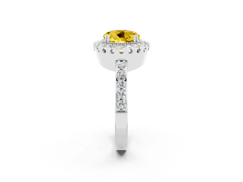 White gold Round Cut Yellow Sapphire Halo Ring with Pavé Band and Prong Setting_2