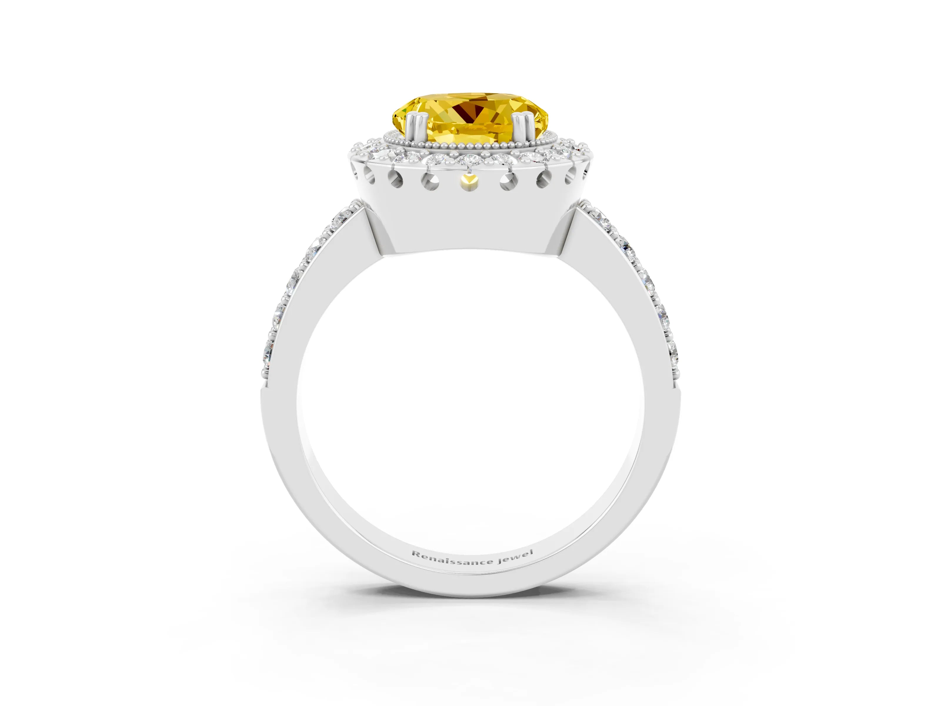 White gold Round Cut Yellow Sapphire Halo Ring with Pavé Band and Prong Setting_3