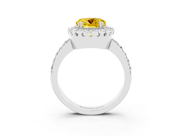 White gold Round Cut Yellow Sapphire Halo Ring with Pavé Band and Prong Setting