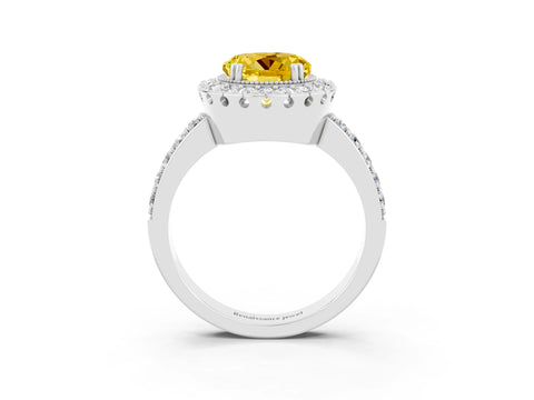 White gold Round Cut Yellow Sapphire Halo Ring with Pavé Band and Prong Setting_3