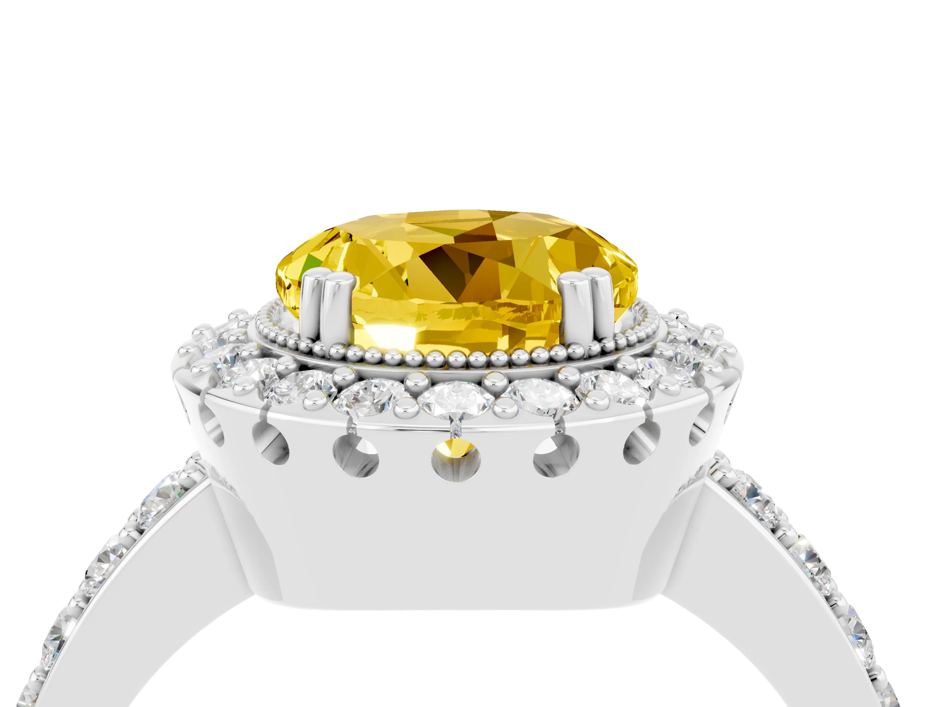 White gold Round Cut Yellow Sapphire Halo Ring with Pavé Band and Prong Setting_4