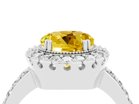 White gold Round Cut Yellow Sapphire Halo Ring with Pavé Band and Prong Setting_4