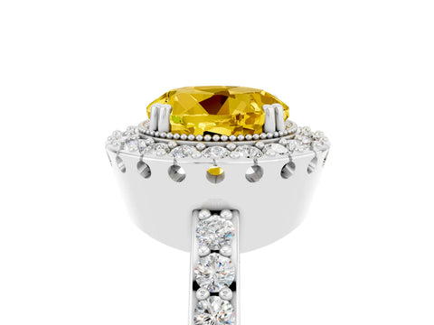 White gold Round Cut Yellow Sapphire Halo Ring with Pavé Band and Prong Setting_5