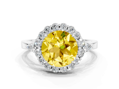 White gold Round Cut Yellow Sapphire Halo Ring with Pear Side Stones and Prong Setting_24