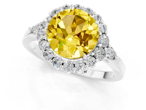 White gold Round Cut Yellow Sapphire Halo Ring with Pear Side Stones and Prong Setting_25