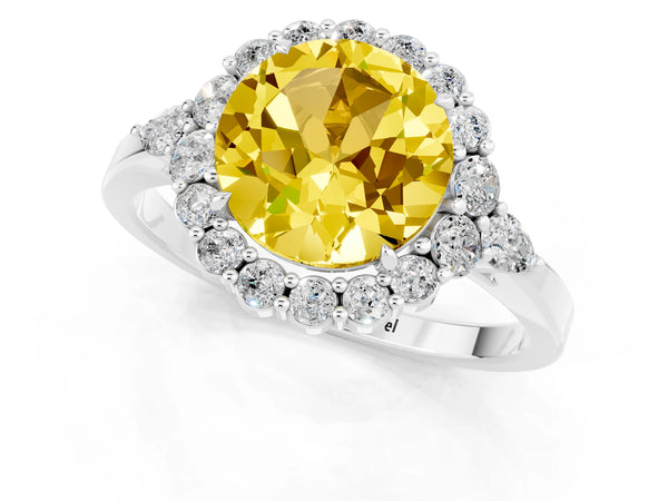 Silver Round Cut Yellow Sapphire Halo Ring with Pear Side Stones and Prong Setting