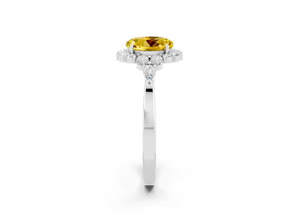Silver Round Cut Yellow Sapphire Halo Ring with Pear Side Stones and Prong Setting