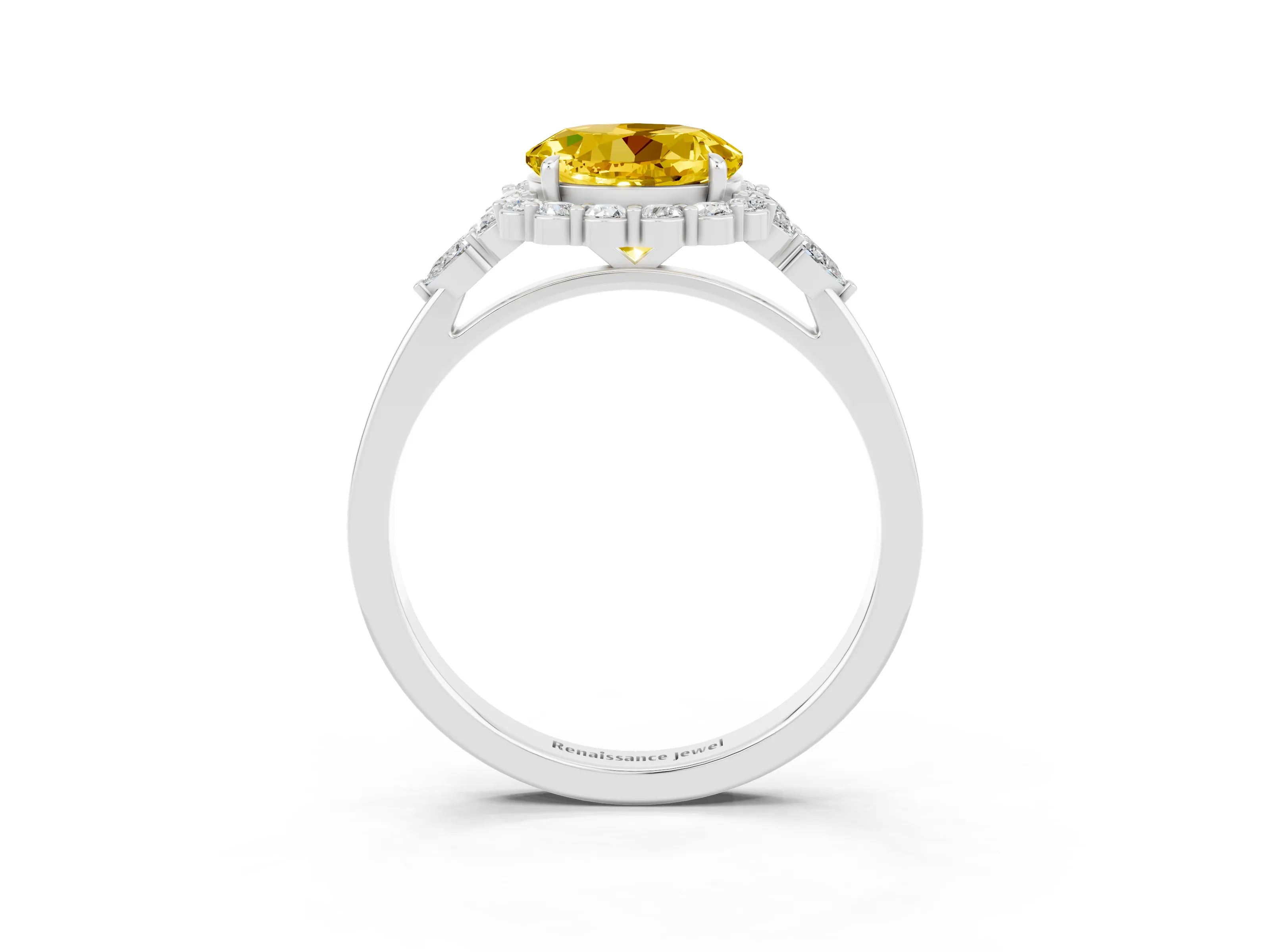 White gold Round Cut Yellow Sapphire Halo Ring with Pear Side Stones and Prong Setting_27
