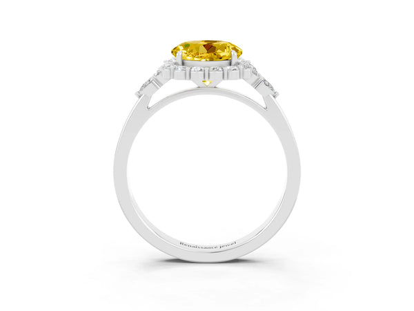 Platinum Round Cut Yellow Sapphire Halo Ring with Pear Side Stones and Prong Setting