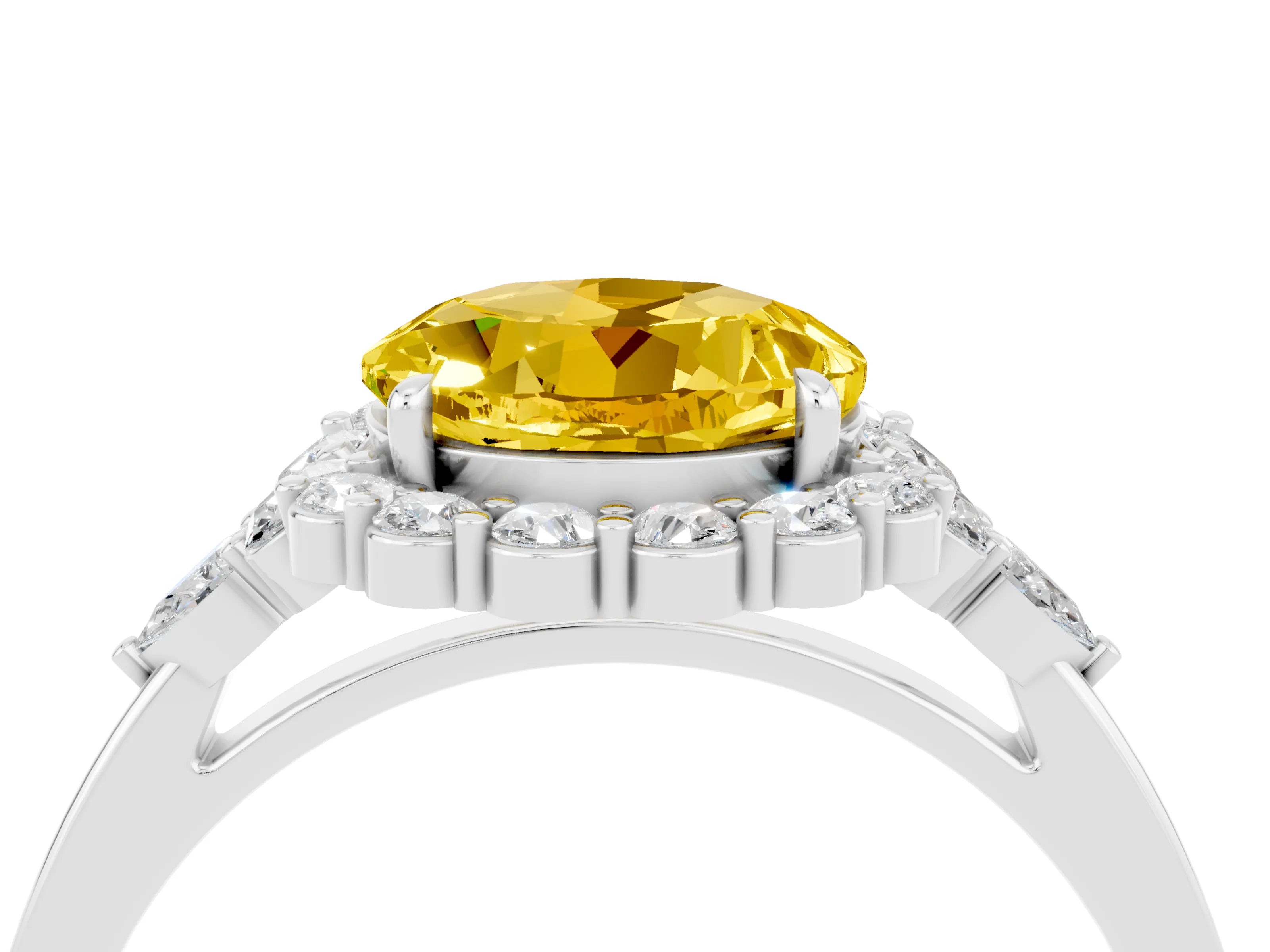 White gold Round Cut Yellow Sapphire Halo Ring with Pear Side Stones and Prong Setting_28