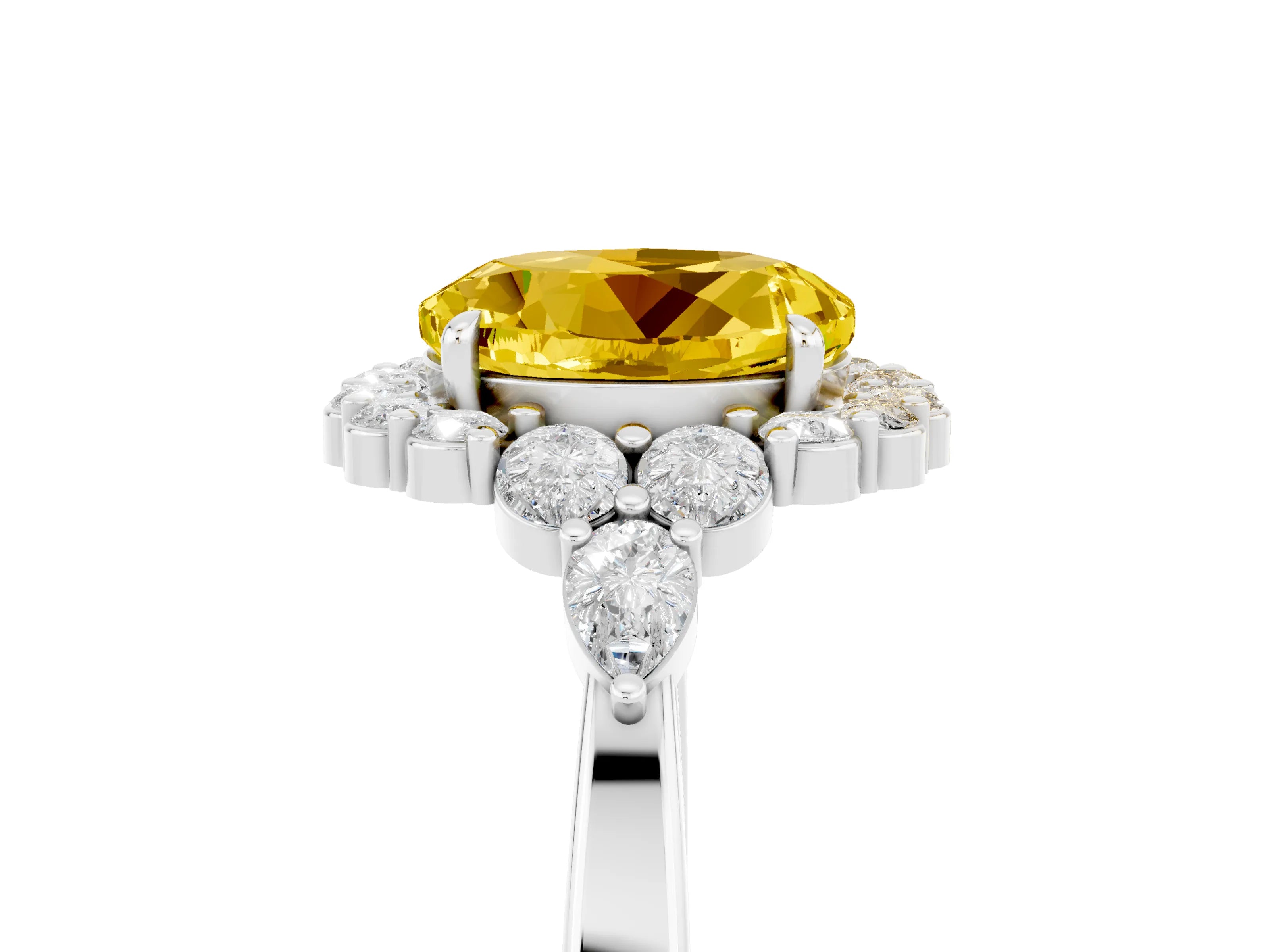 White gold Round Cut Yellow Sapphire Halo Ring with Pear Side Stones and Prong Setting_29