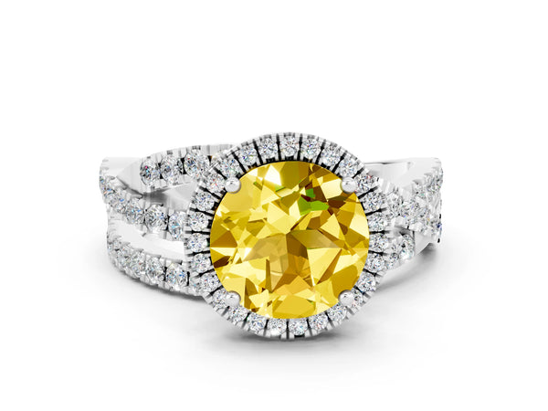 Platinum Round Cut Yellow Sapphire Halo Ring with Round Split Shank and Prong Setting