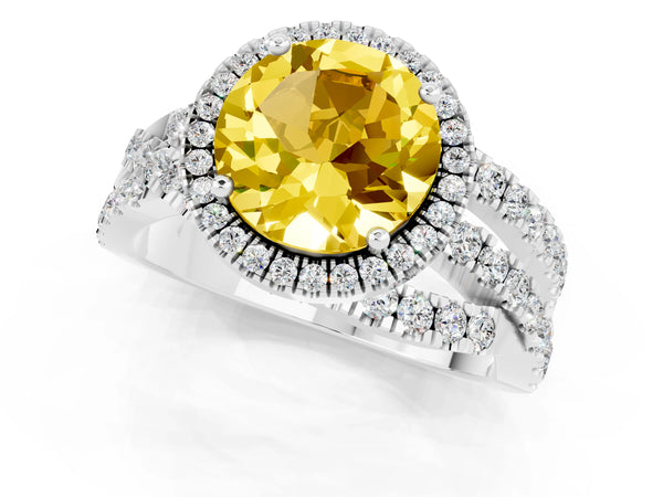 Silver Round Cut Yellow Sapphire Halo Ring with Round Split Shank and Prong Setting