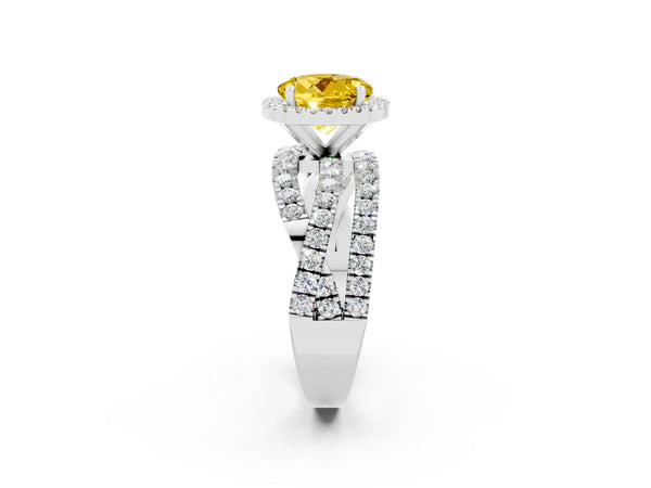 Silver Round Cut Yellow Sapphire Halo Ring with Round Split Shank and Prong Setting