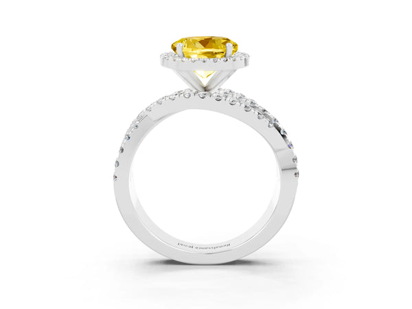 Silver Round Cut Yellow Sapphire Halo Ring with Round Split Shank and Prong Setting