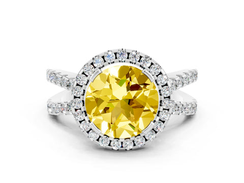 White gold Round Cut Yellow Sapphire Halo Ring with Split Shank Pavé Band and Prong Setting_12