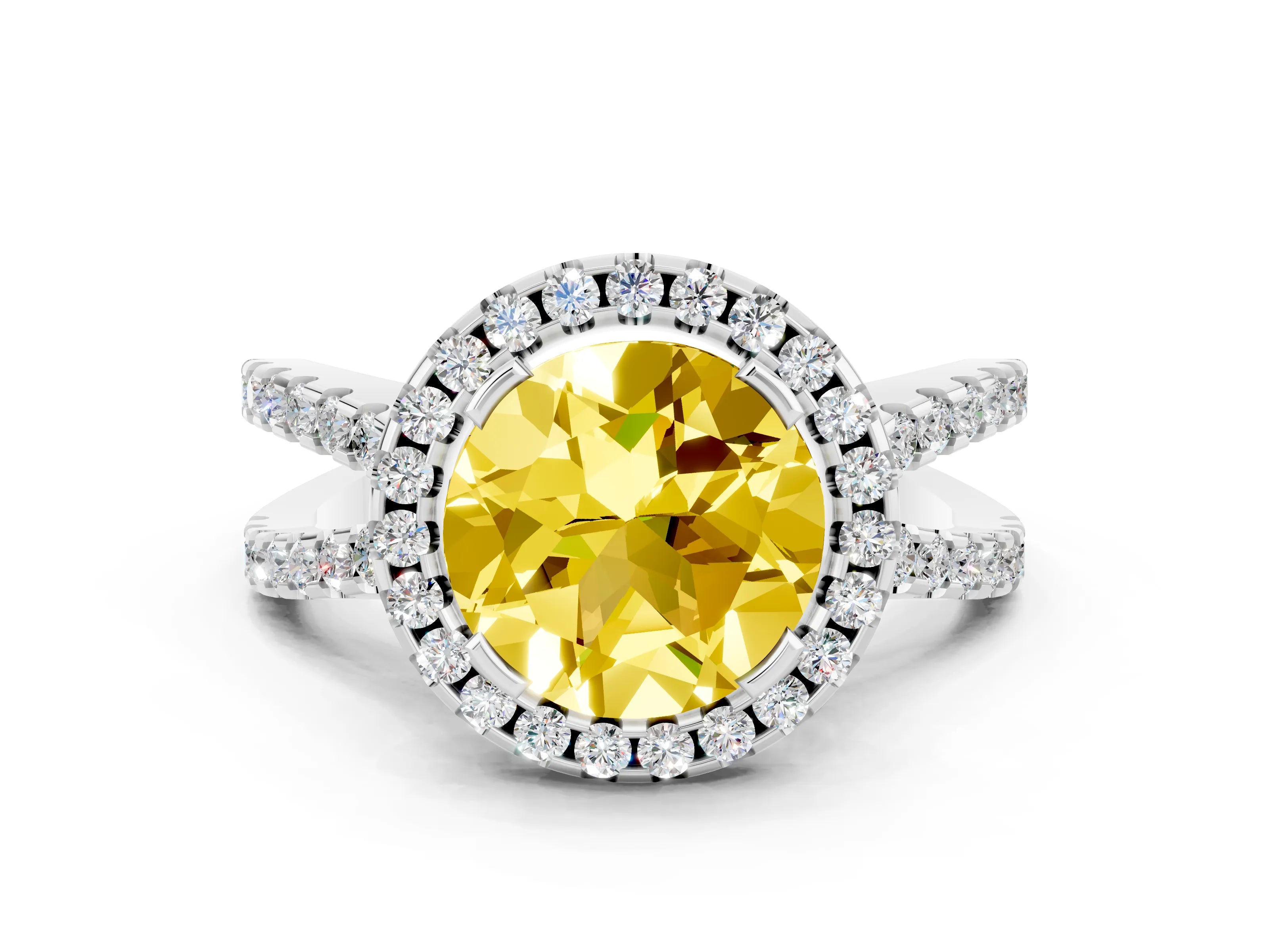 White gold Round Cut Yellow Sapphire Halo Ring with Split Shank Pavé Band and Prong Setting_12