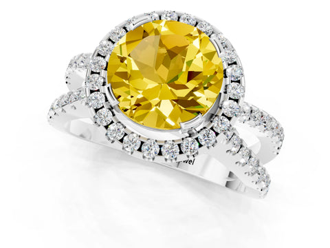 White gold Round Cut Yellow Sapphire Halo Ring with Split Shank Pavé Band and Prong Setting_13
