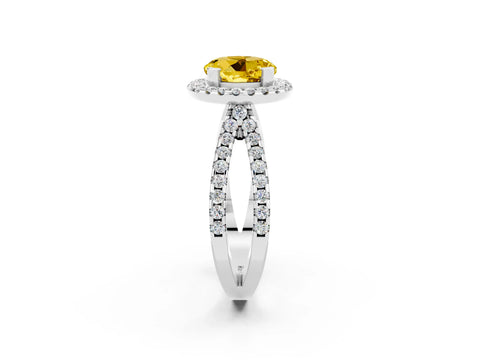 White gold Round Cut Yellow Sapphire Halo Ring with Split Shank Pavé Band and Prong Setting_14