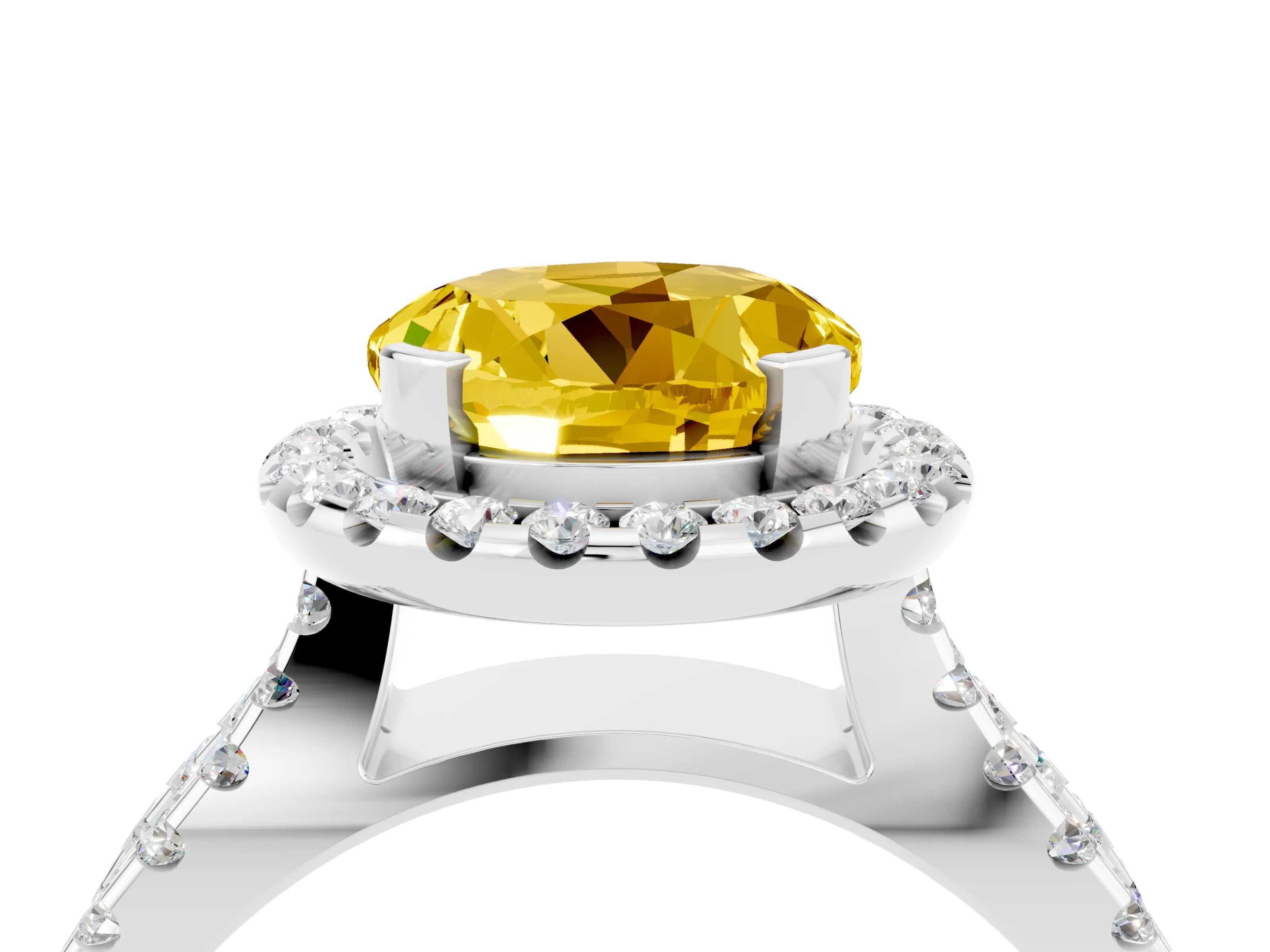 White gold Round Cut Yellow Sapphire Halo Ring with Split Shank Pavé Band and Prong Setting_16
