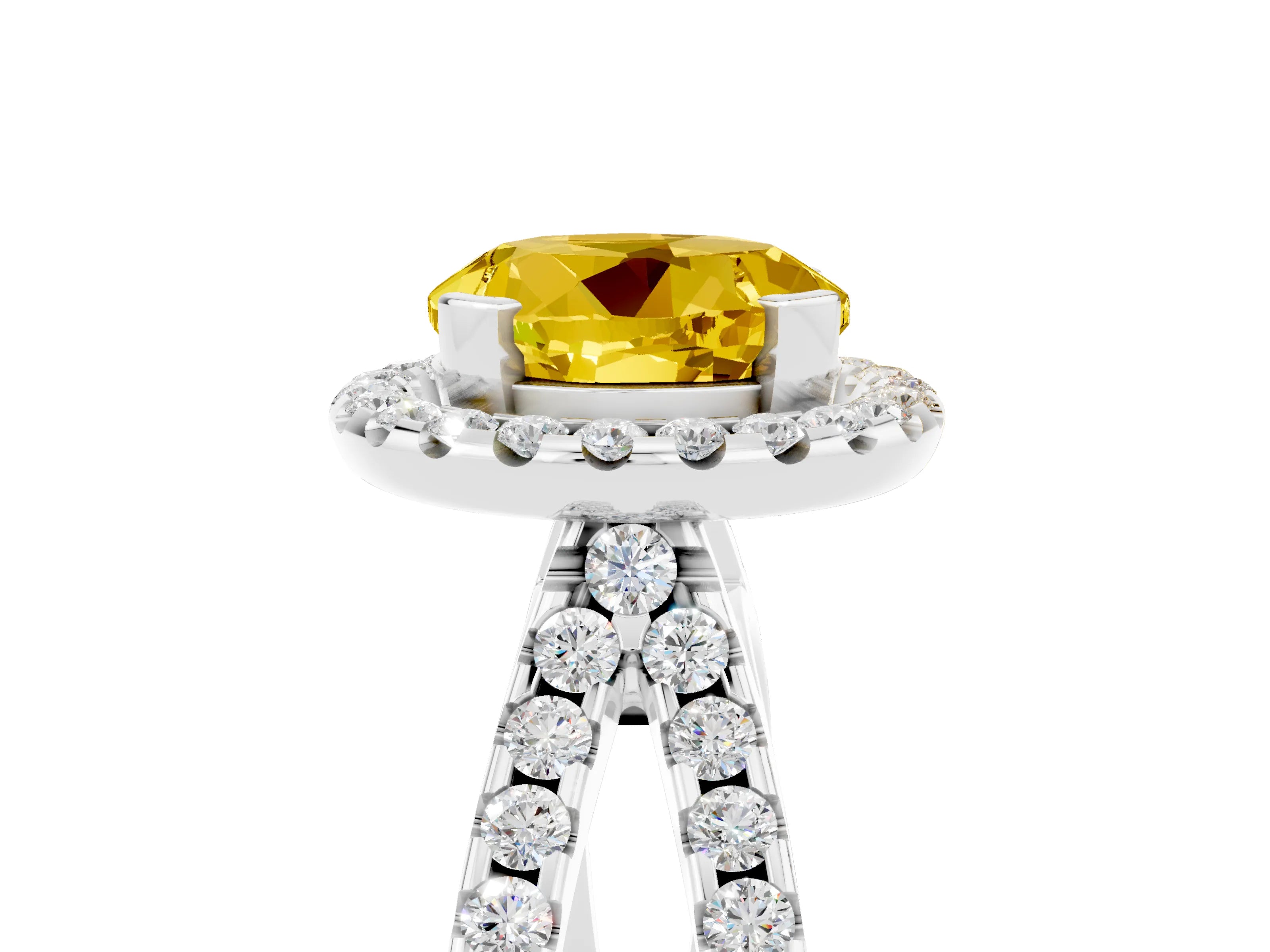 White gold Round Cut Yellow Sapphire Halo Ring with Split Shank Pavé Band and Prong Setting_17