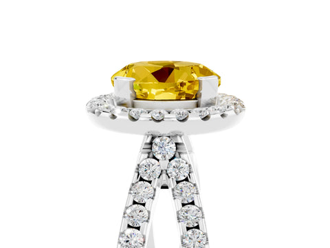 White gold Round Cut Yellow Sapphire Halo Ring with Split Shank Pavé Band and Prong Setting_17