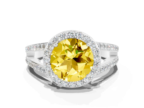 White gold Round Cut Yellow Sapphire Halo Ring with Split Shank U-Prong Band and Four-Prong Setting