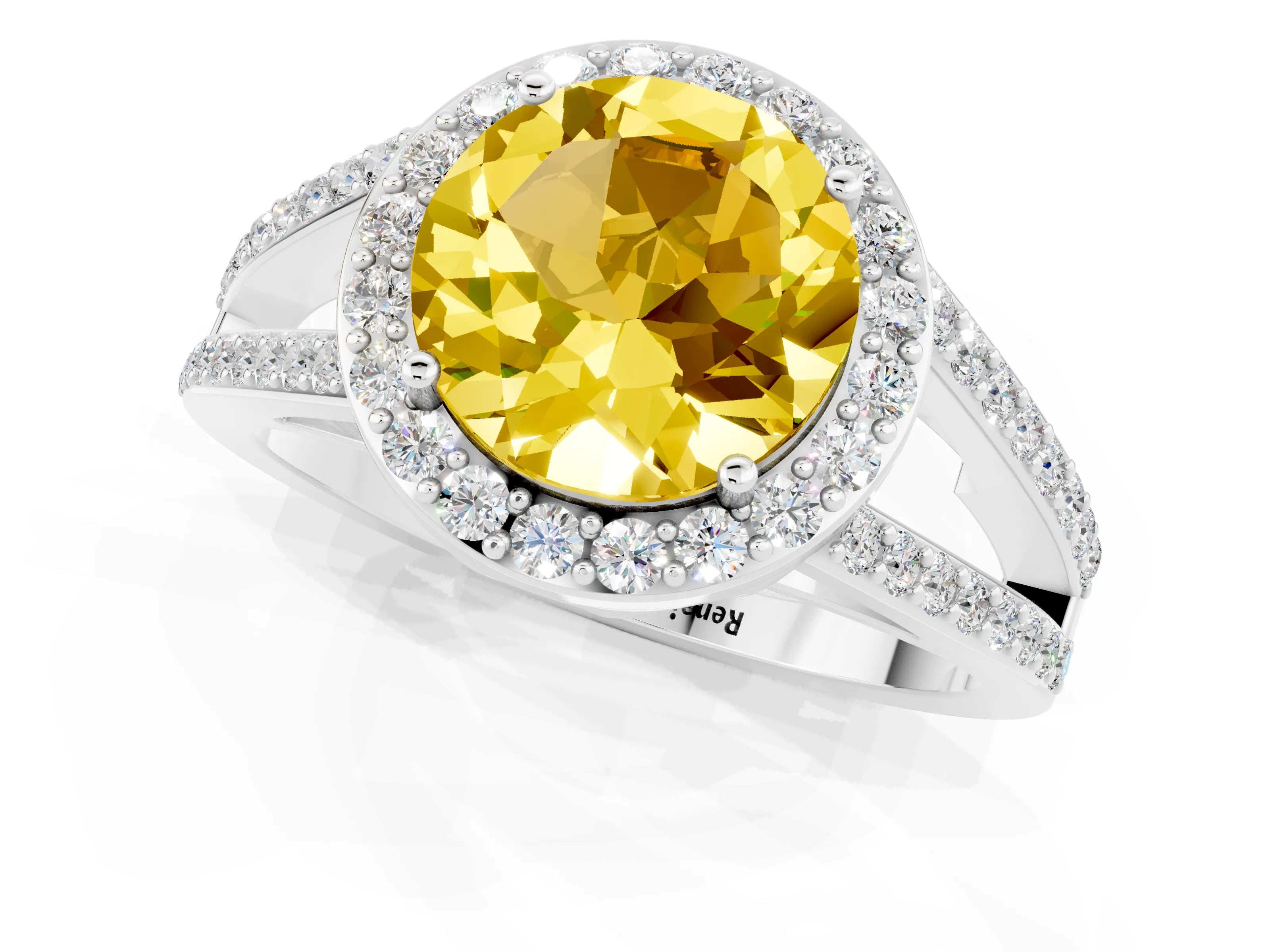 White gold Round Cut Yellow Sapphire Halo Ring with Split Shank U-Prong Band and Four-Prong Setting_1