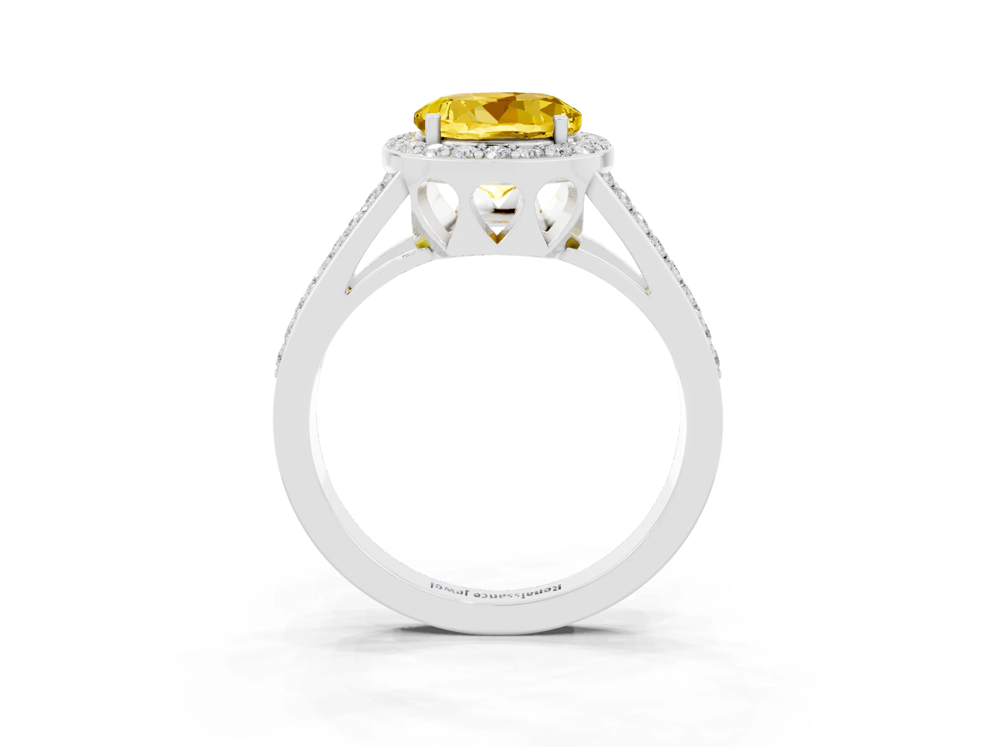 White gold Round Cut Yellow Sapphire Halo Ring with Split Shank U-Prong Band and Four-Prong Setting_3