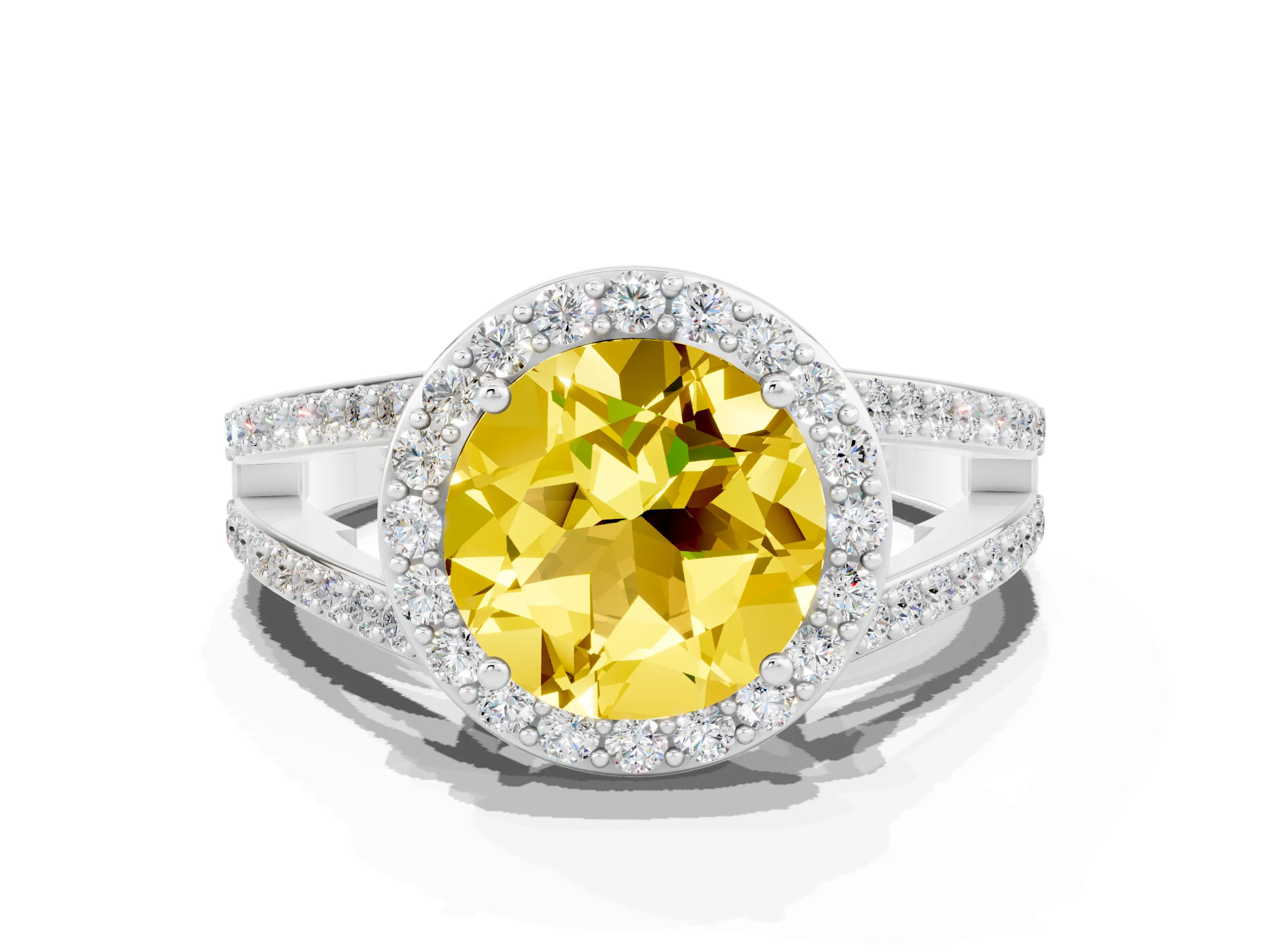 White gold Round Cut Yellow Sapphire Halo Ring with Split Shank U-Prong Band and Four-Prong Setting