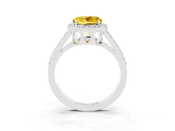 Silver Round Cut Yellow Sapphire Halo Ring with Split Shank U-Prong Band and Four-Prong Setting