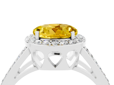 White gold Round Cut Yellow Sapphire Halo Ring with Split Shank U-Prong Band and Four-Prong Setting_4