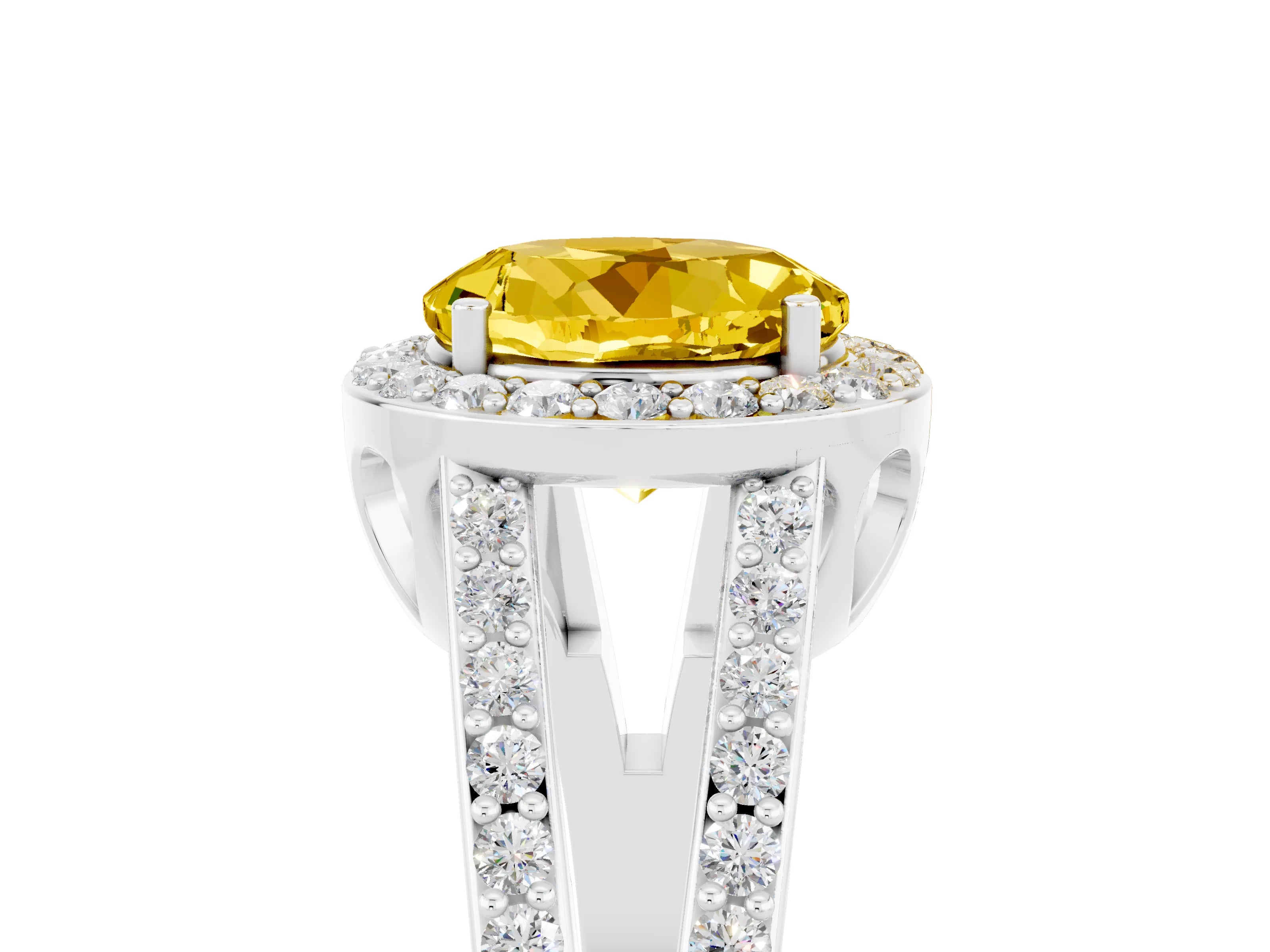 White gold Round Cut Yellow Sapphire Halo Ring with Split Shank U-Prong Band and Four-Prong Setting_5