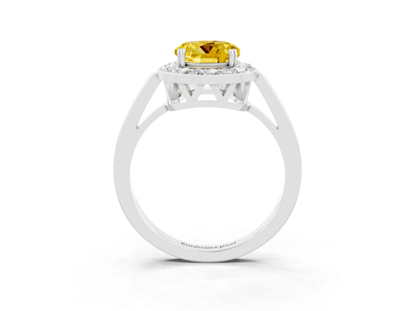 White gold Round Cut Yellow Sapphire Halo Ring with Split Shank and Four-Prong Setting