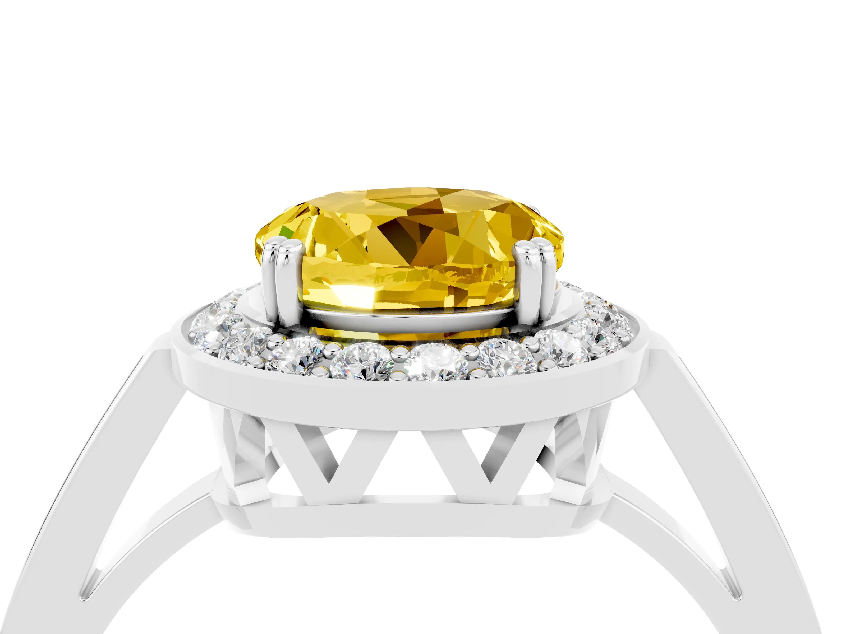 White gold Round Cut Yellow Sapphire Halo Ring with Split Shank and Four-Prong Setting_16