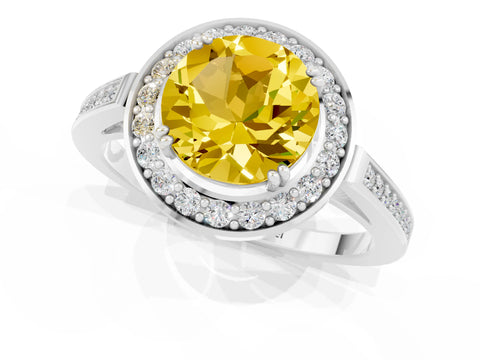 White gold Round Cut Yellow Sapphire Halo Ring with Split Shank and Four-Prong Setting_1