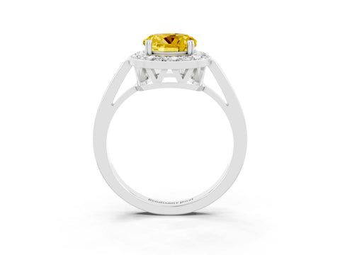 White gold Round Cut Yellow Sapphire Halo Ring with Split Shank and Four-Prong Setting_3