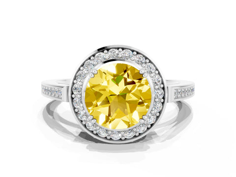 White gold Round Cut Yellow Sapphire Halo Ring with Split Shank and Four-Prong Setting