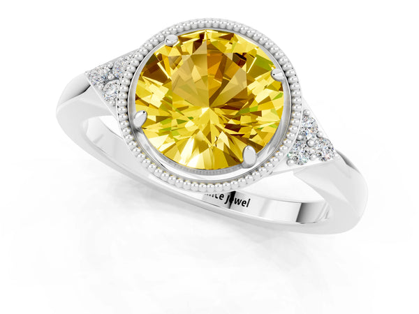 Platinum Round Cut Yellow Sapphire Halo Ring with Tapered Band and Four-Prong Setting