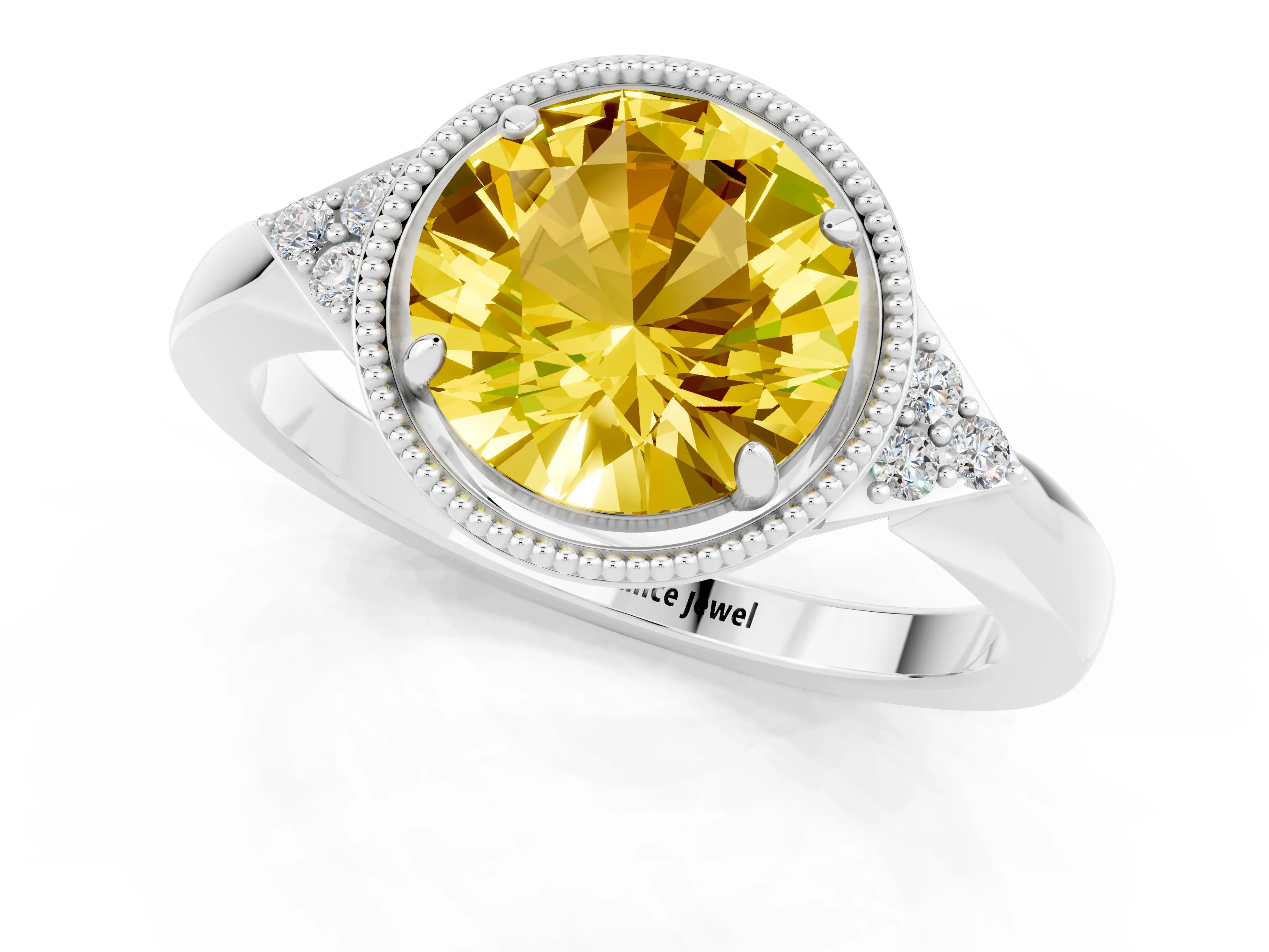 White gold Round Cut Yellow Sapphire Halo Ring with Tapered Band and Four-Prong Setting_1