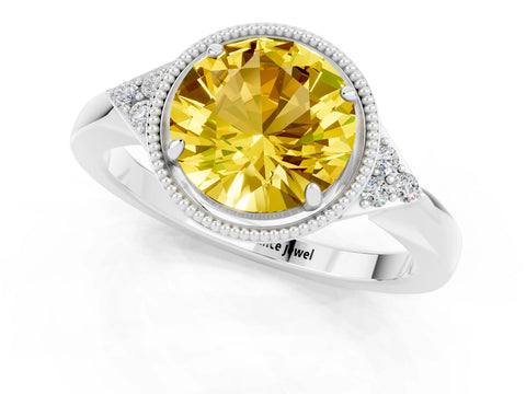 White gold Round Cut Yellow Sapphire Halo Ring with Tapered Band and Four-Prong Setting_1