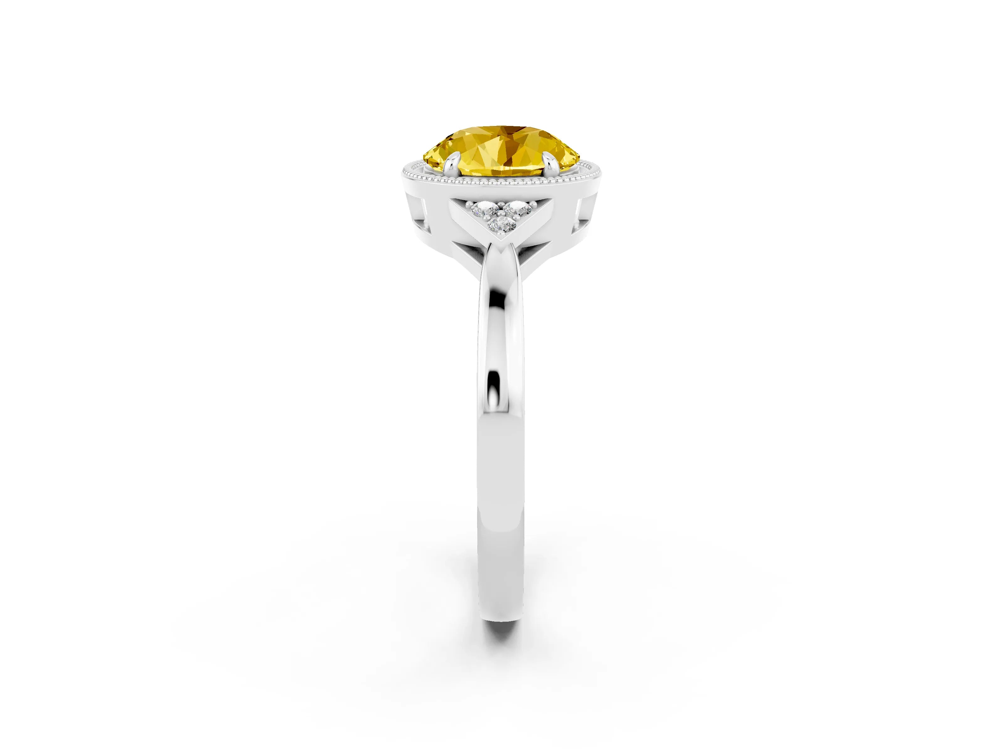 White gold Round Cut Yellow Sapphire Halo Ring with Tapered Band and Four-Prong Setting_2