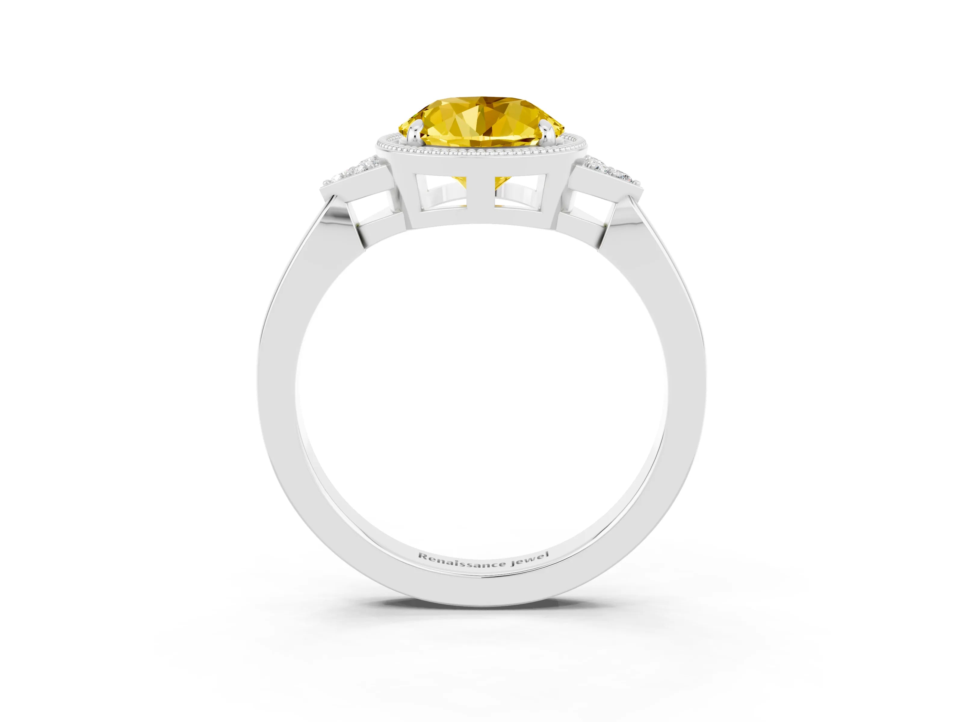White gold Round Cut Yellow Sapphire Halo Ring with Tapered Band and Four-Prong Setting_3
