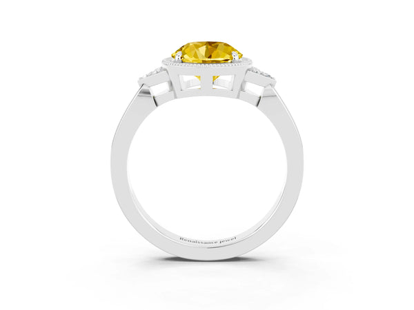 Silver Round Cut Yellow Sapphire Halo Ring with Tapered Band and Four-Prong Setting