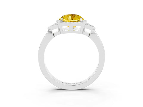 White gold Round Cut Yellow Sapphire Halo Ring with Tapered Band and Four-Prong Setting_3