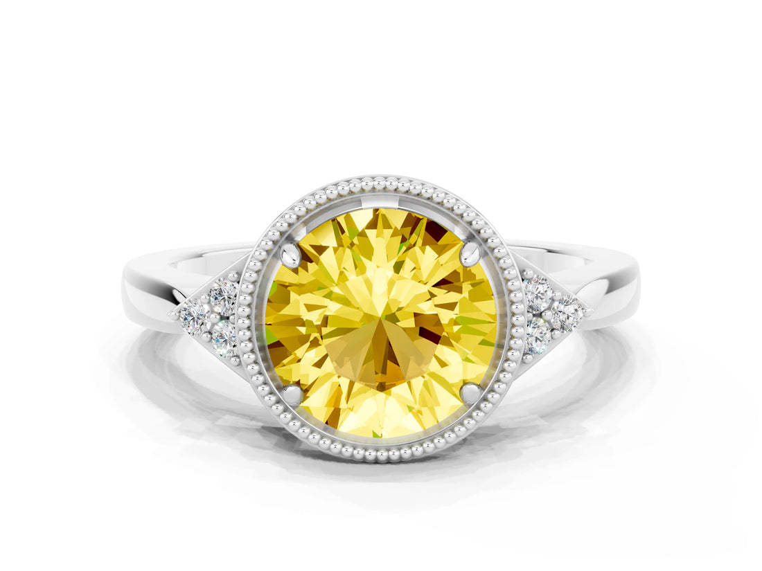 White gold Round Cut Yellow Sapphire Halo Ring with Tapered Band and Four-Prong Setting