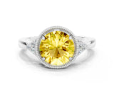 White gold Round Cut Yellow Sapphire Halo Ring with Tapered Band and Four-Prong Setting