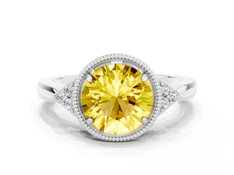 White gold Round Cut Yellow Sapphire Halo Ring with Tapered Band and Four-Prong Setting