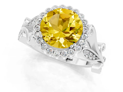 White gold Round Cut Yellow Sapphire Halo Ring with Vintage Split Shank and Four-Prong Setting_21